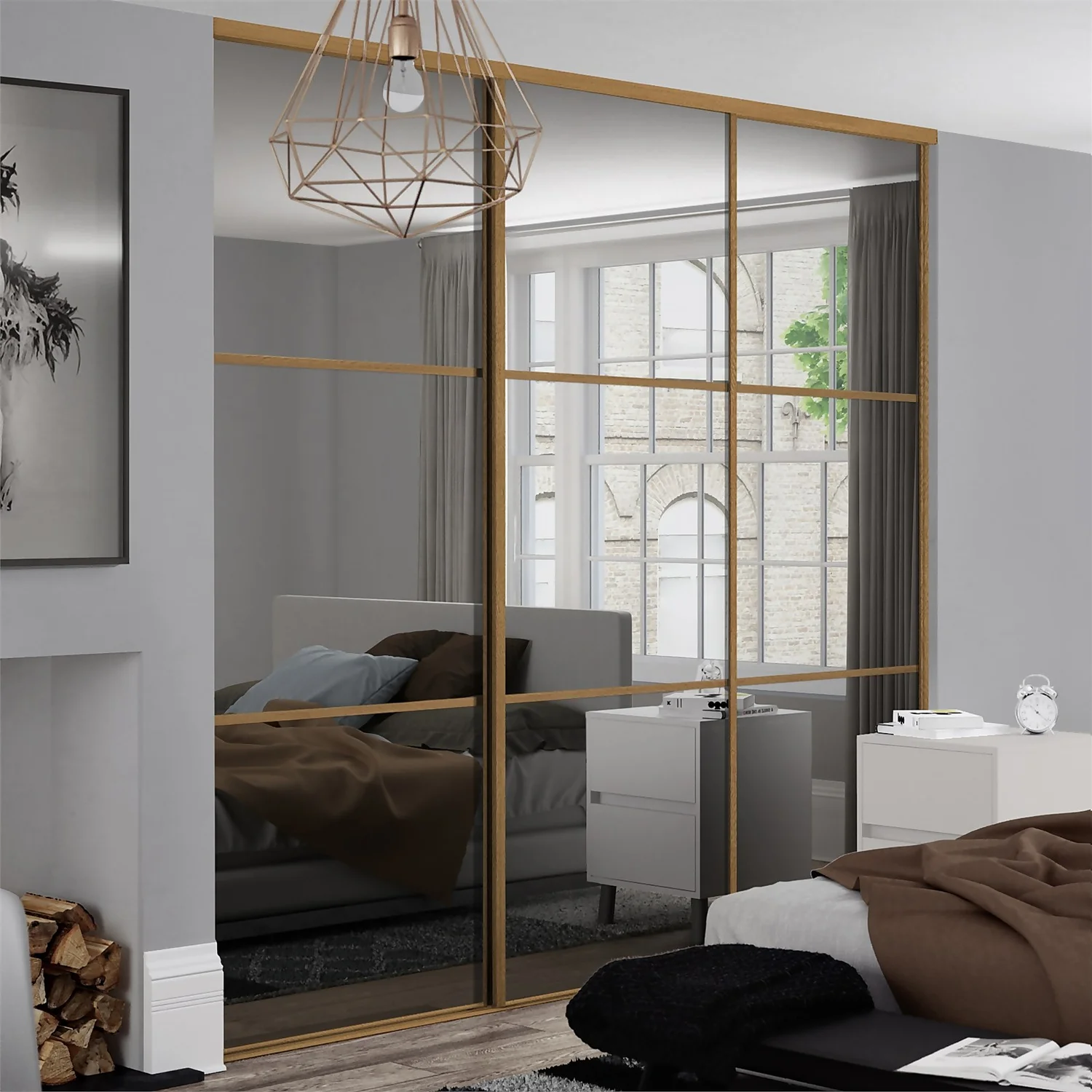 Linear Sliding Wardrobe Door 3 Panel Mirror With Oak Frame (W)914mm 2 Linear Sliding Wardrobe Door 3 Panel Mirror With Oak Frame (W)914mm - Image 2