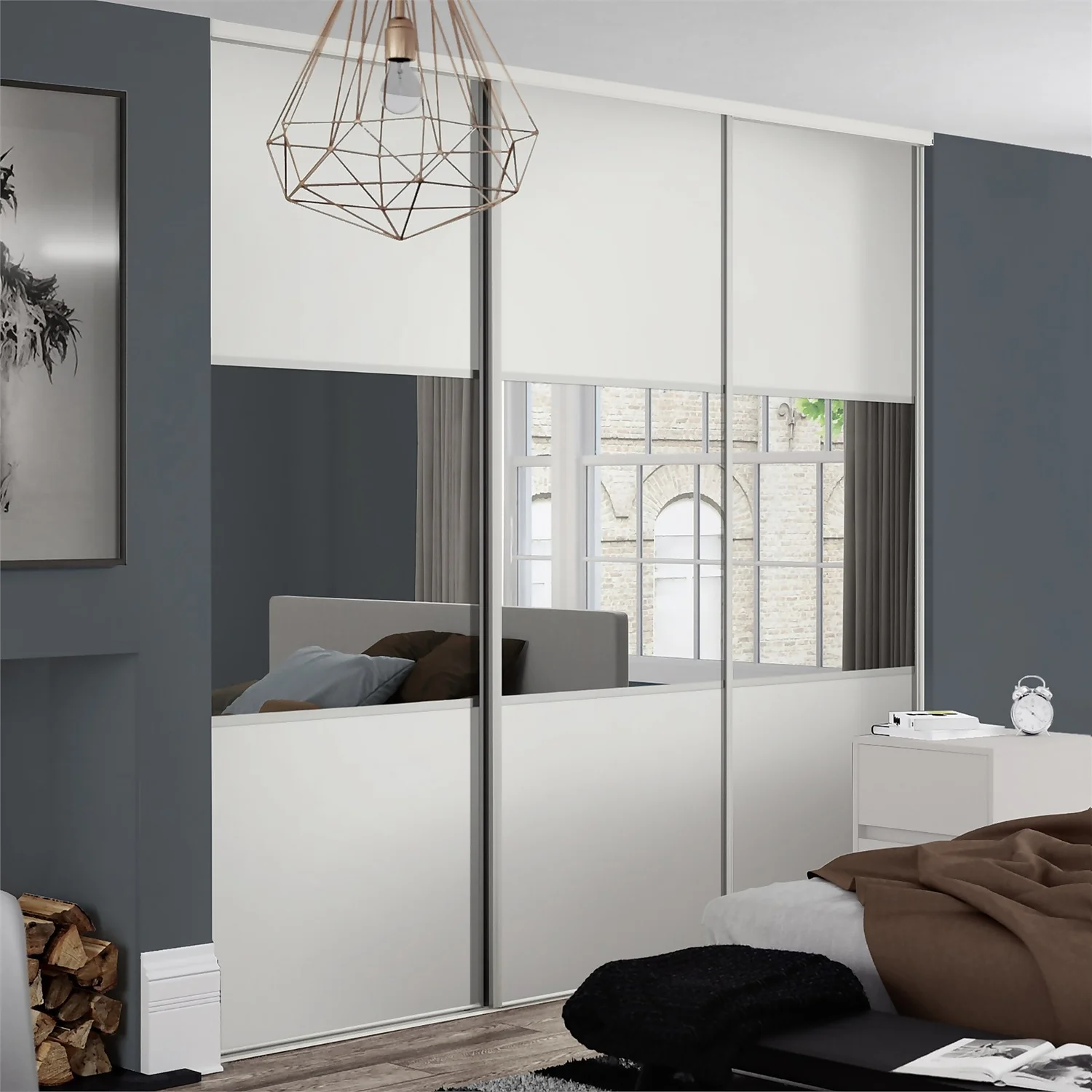 Linear Sliding Wardrobe Door 3 Panel White / Mirror With White Frame (W)914mm 2 Linear Sliding Wardrobe Door 3 Panel White / Mirror With White Frame (W)914mm - Image 2