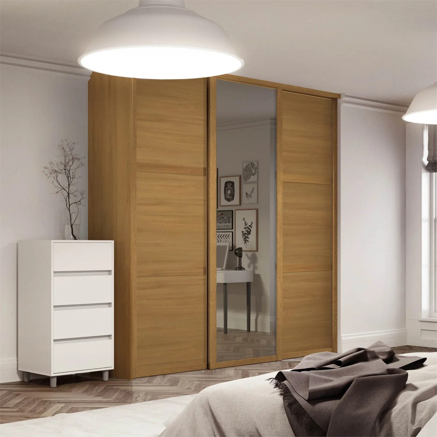 Shaker 3 Door Sliding Wardrobe Kit Oak Panel / Mirror With Oak Frame (W)2592 X (H)2260mm 2 Shaker 3 Door Sliding Wardrobe Kit Oak Panel / Mirror With Oak Frame (W)2592 X (H)2260mm - Image 2