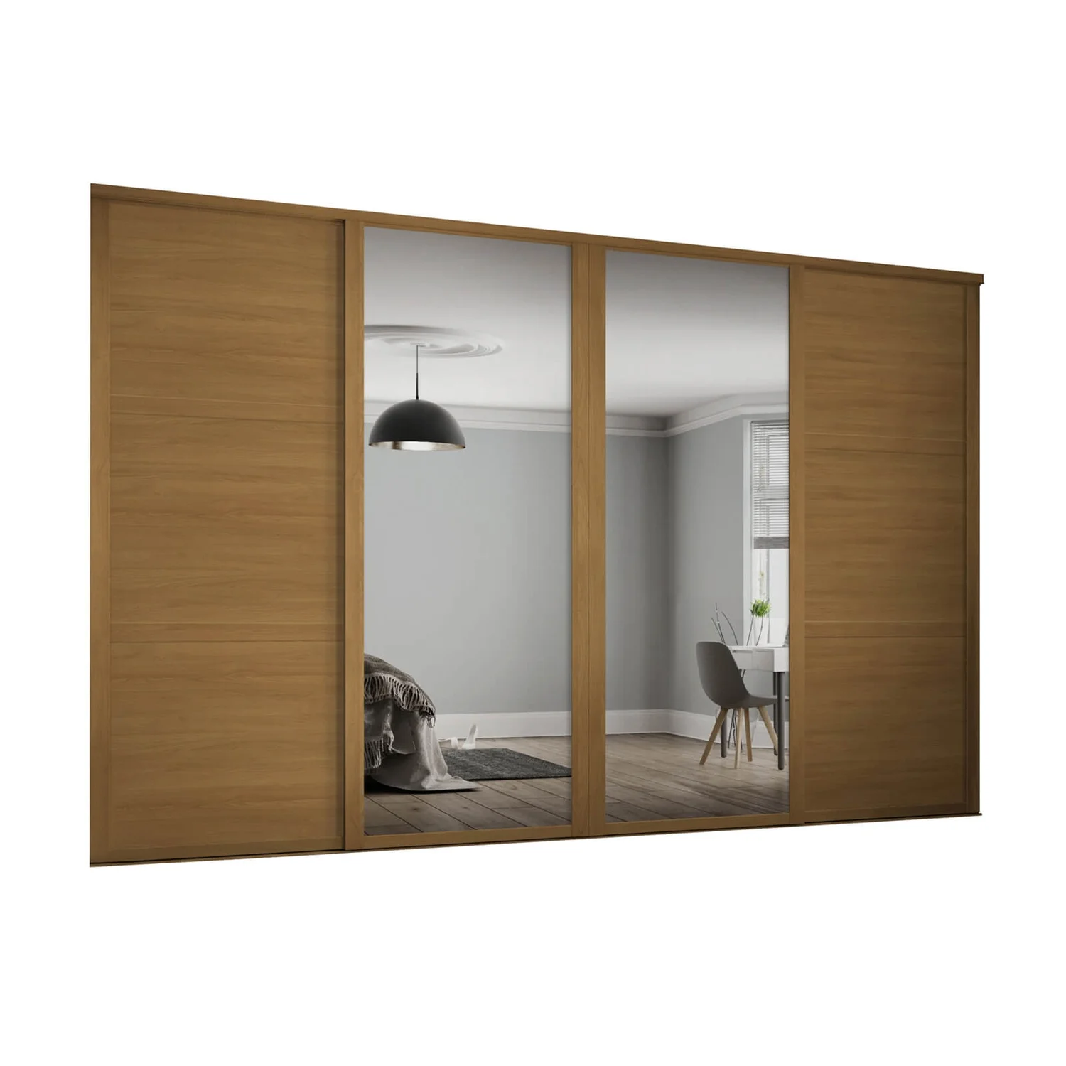 Shaker 4 Door Sliding Wardrobe Kit Oak Panel / Mirror With Oak Frame (W)2898 X (H)2260mm 1 Shaker 4 Door Sliding Wardrobe Kit Oak Panel / Mirror With Oak Frame (W)2898 X (H)2260mm