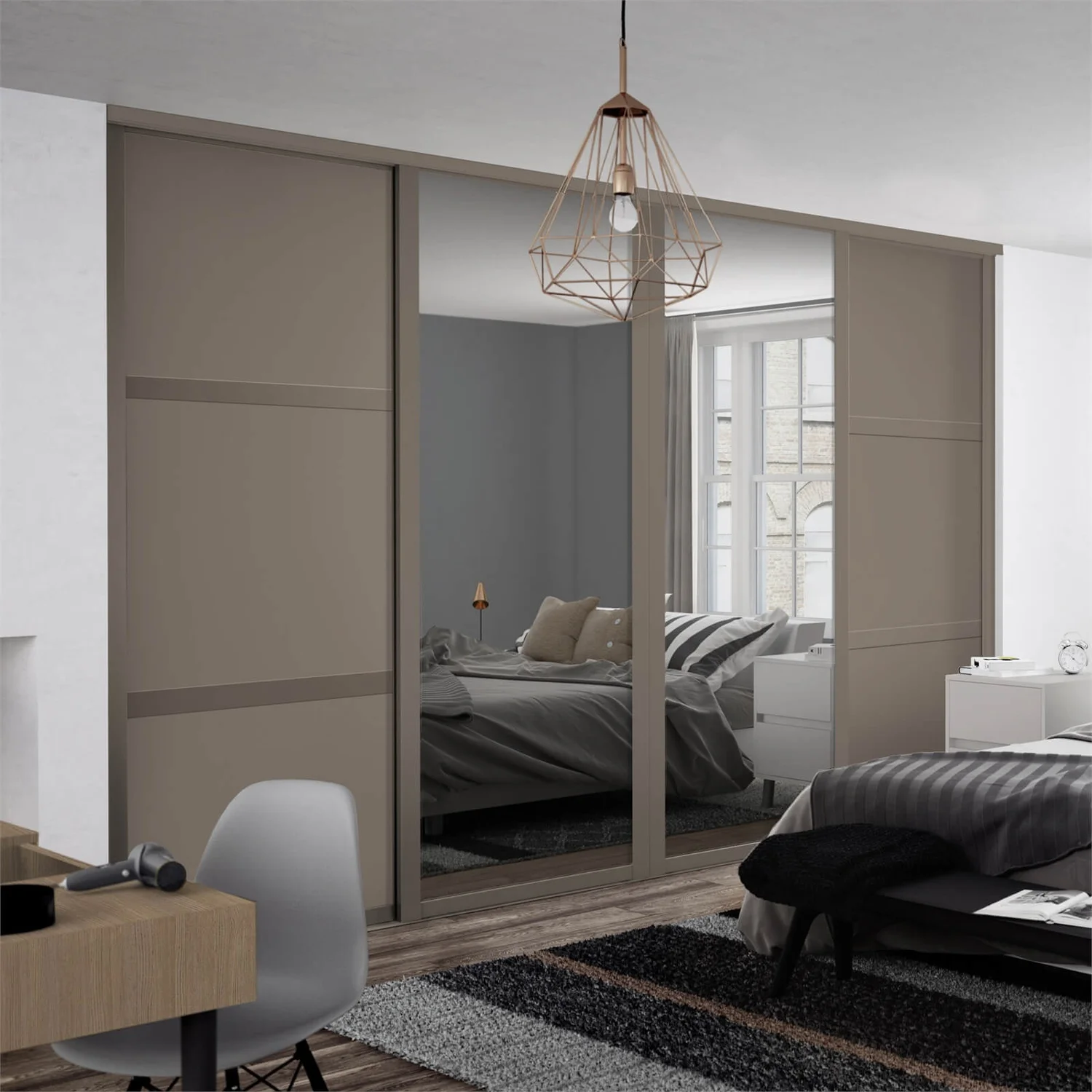 Shaker 4 Door Sliding Wardrobe Kit Stone Grey Panel / Mirror With Stone Grey Frame (W)3506 X (H)2260mm 2 Shaker 4 Door Sliding Wardrobe Kit Stone Grey Panel / Mirror With Stone Grey Frame (W)3506 X (H)2260mm - Image 2
