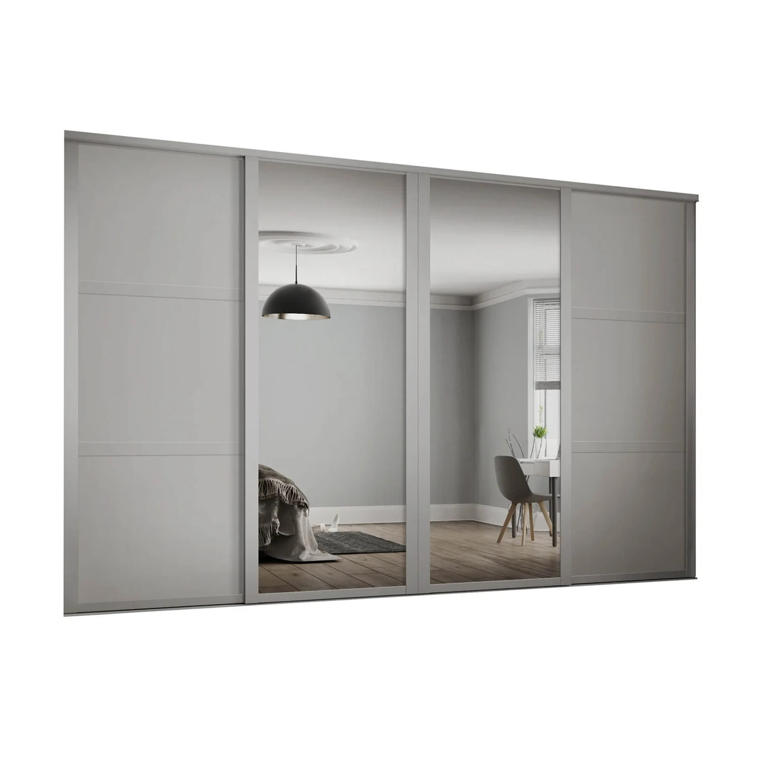 Shaker 4 Door Sliding Wardrobe Kit Cashmere Panel / Mirror (W)3506 X (H)2260mm 1 Shaker 4 Door Sliding Wardrobe Kit Cashmere Panel / Mirror (W)3506 X (H)2260mm