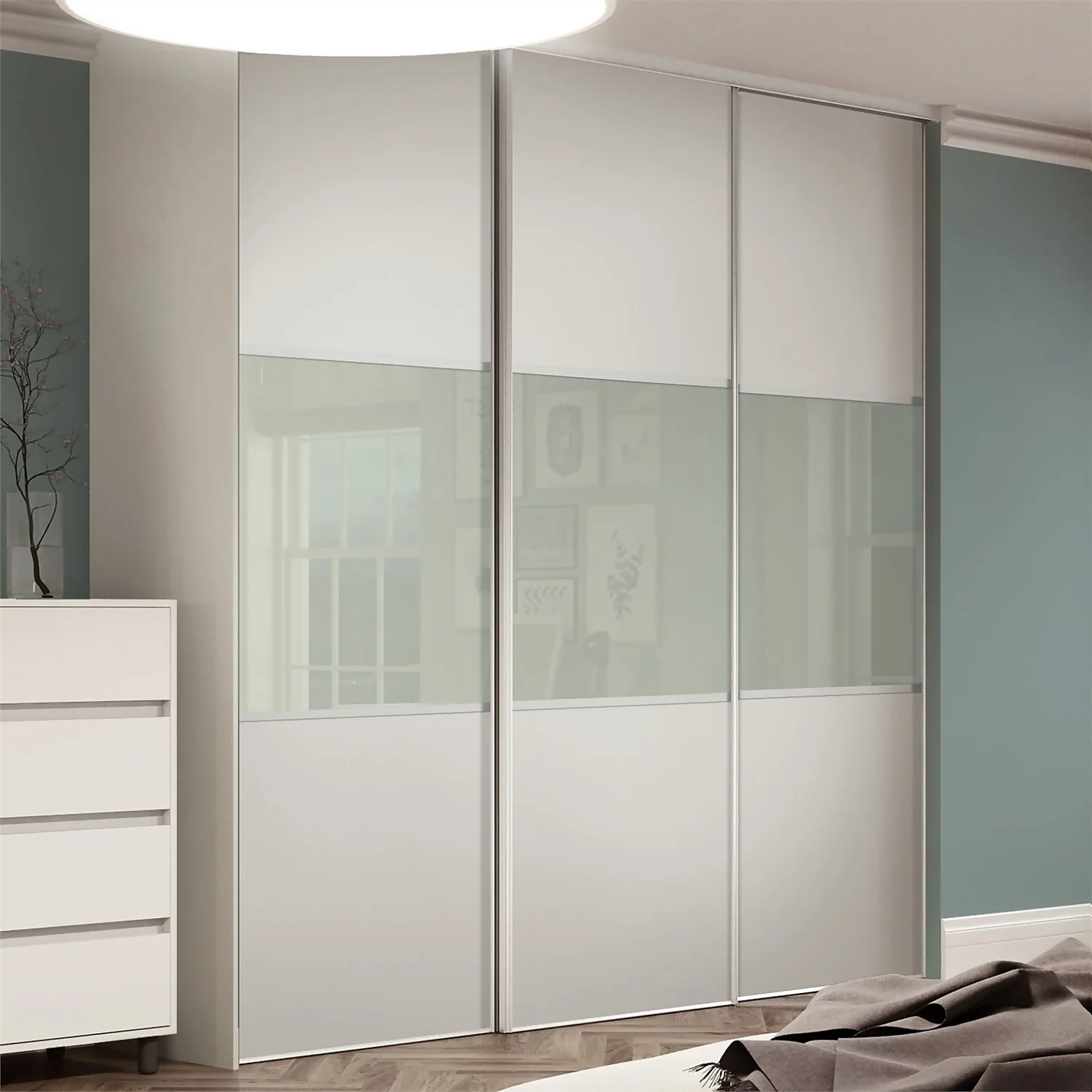 Linear Sliding Wardrobe Door 3 Panel White / Arctic White Glass With White Frame (W)914mm 2 Linear Sliding Wardrobe Door 3 Panel White / Arctic White Glass With White Frame (W)914mm - Image 2
