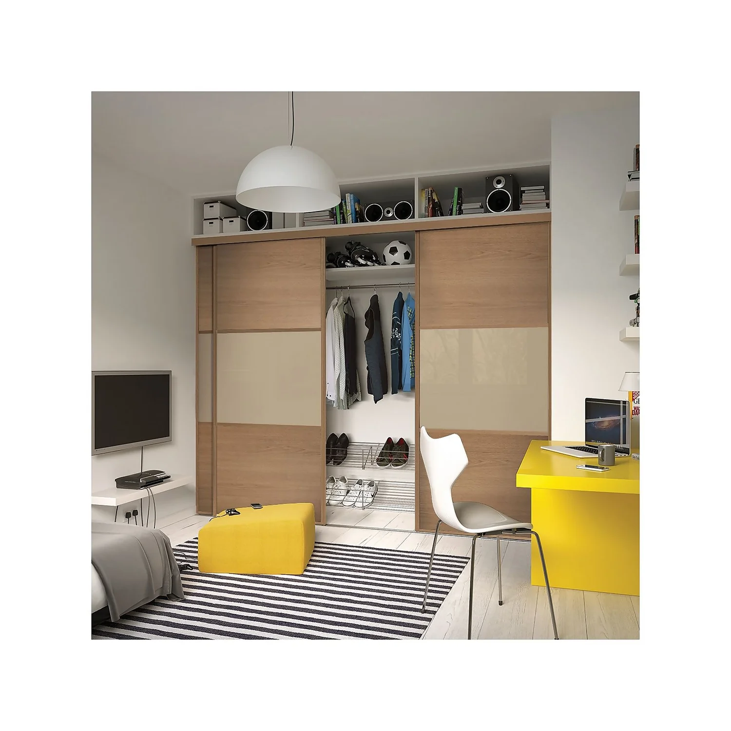 Linear Sliding Wardrobe Door 3 Panel Windsor Oak And Cream Glass With Oak Frame (W)610mm 2 Linear Sliding Wardrobe Door 3 Panel Windsor Oak And Cream Glass With Oak Frame (W)610mm - Image 2