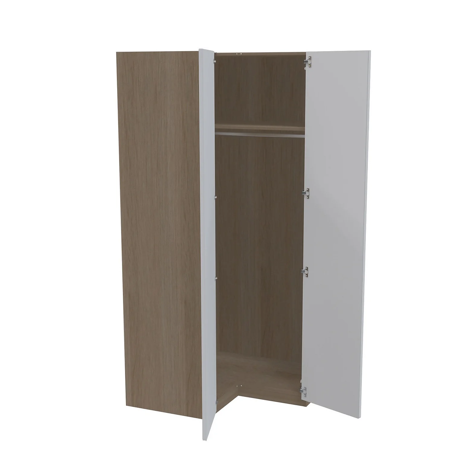 House Beautiful Escape Corner Wardrobe, Oak Effect Carcass - Gloss White Handleless Doors (W) 1053mm X (H) 2196mm 2 House Beautiful Escape Corner Wardrobe, Oak Effect Carcass - Gloss White Handleless Doors (W) 1053mm X (H) 2196mm - Image 2