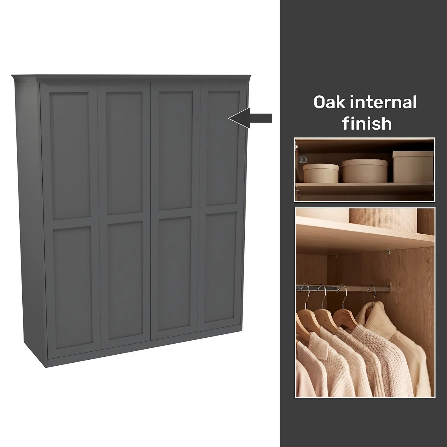 House Beautiful Realm Fitted Look Quad Wardrobe, Oak Effect Carcass - Carbon Grey Shaker Doors (W) 1901mm X (H) 2256mm 1 House Beautiful Realm Fitted Look Quad Wardrobe, Oak Effect Carcass - Carbon Grey Shaker Doors (W) 1901mm X (H) 2256mm