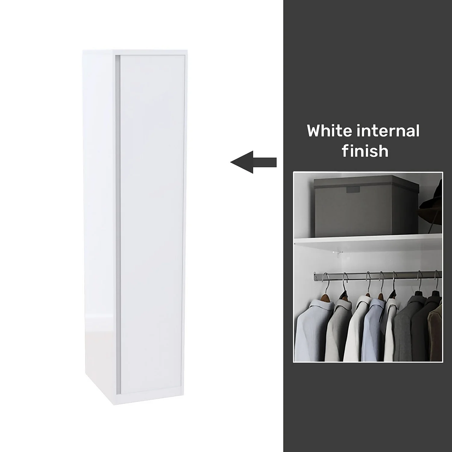 House Beautiful Escape Fitted Look Single Wardrobe, White Carcass - Gloss White Handleless Door (W) 490mm X (H) 2226mm 1 House Beautiful Escape Fitted Look Single Wardrobe, White Carcass - Gloss White Handleless Door (W) 490mm X (H) 2226mm