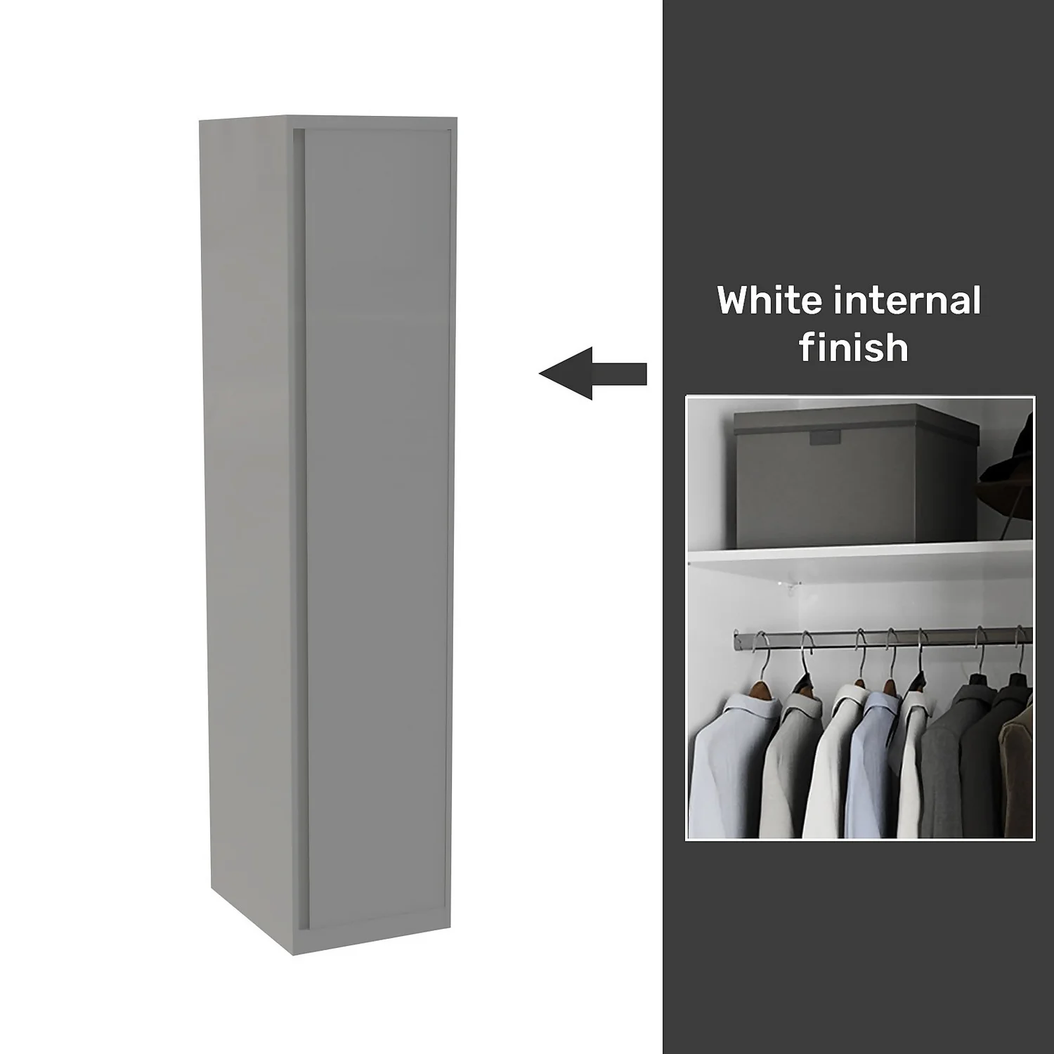 House Beautiful Escape Fitted Look Single Wardrobe, White Carcass - Gloss Grey Handleless Door (W) 490mm X (H) 2226mm 1 House Beautiful Escape Fitted Look Single Wardrobe, White Carcass - Gloss Grey Handleless Door (W) 490mm X (H) 2226mm