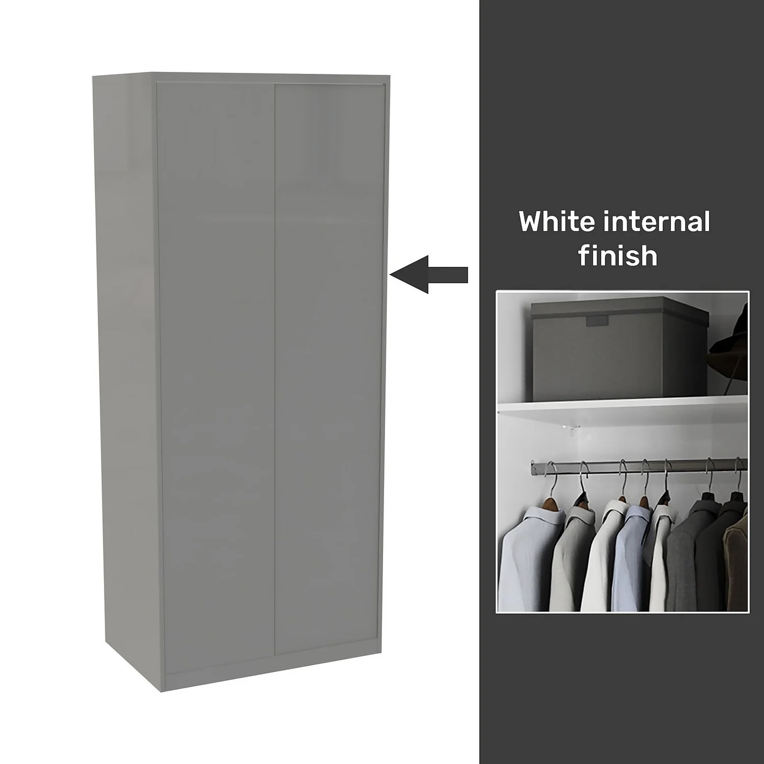 House Beautiful Honest Fitted Look Double Wardrobe, White Carcass - Gloss Grey Slab Doors (W) 940mm X (H) 2226mm 1 House Beautiful Honest Fitted Look Double Wardrobe, White Carcass - Gloss Grey Slab Doors (W) 940mm X (H) 2226mm