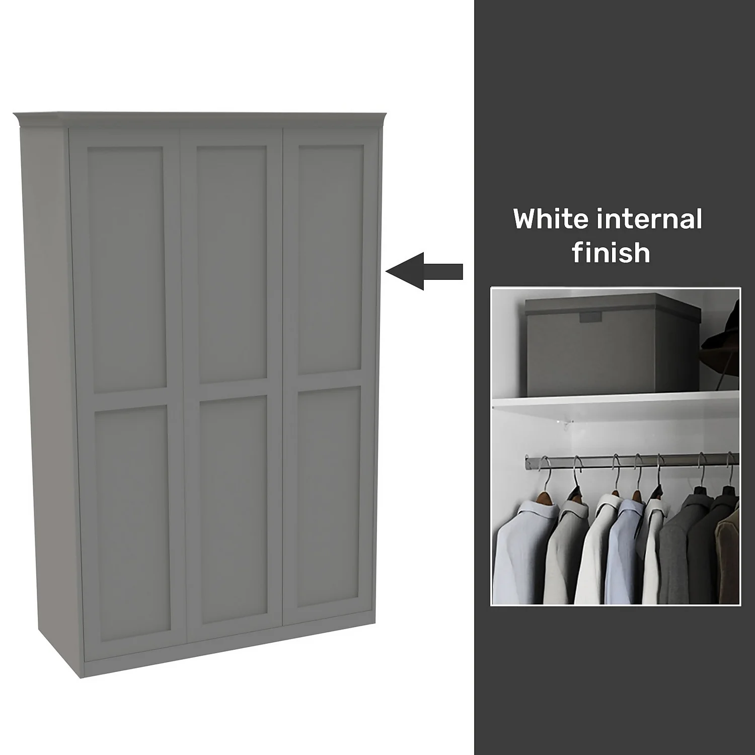 House Beautiful Realm Fitted Look Triple Wardrobe, White Carcass - Grey Shaker Doors (W) 1451mm X (H) 2256mm 1 House Beautiful Realm Fitted Look Triple Wardrobe, White Carcass - Grey Shaker Doors (W) 1451mm X (H) 2256mm