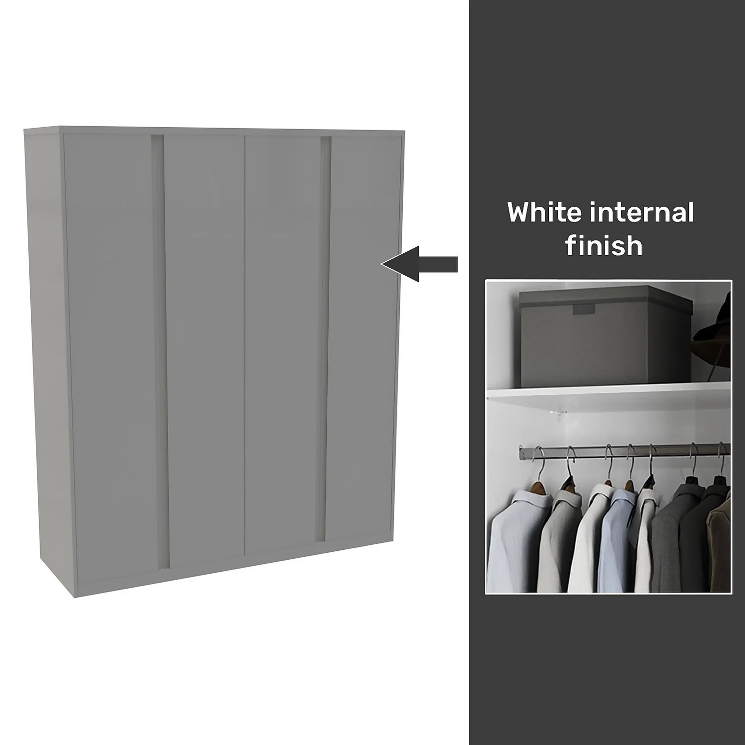 House Beautiful Escape Fitted Look Quad Wardrobe, White Carcass - Gloss Grey Handleless Doors (W) 1840mm X (H) 2226mm 1 House Beautiful Escape Fitted Look Quad Wardrobe, White Carcass - Gloss Grey Handleless Doors (W) 1840mm X (H) 2226mm