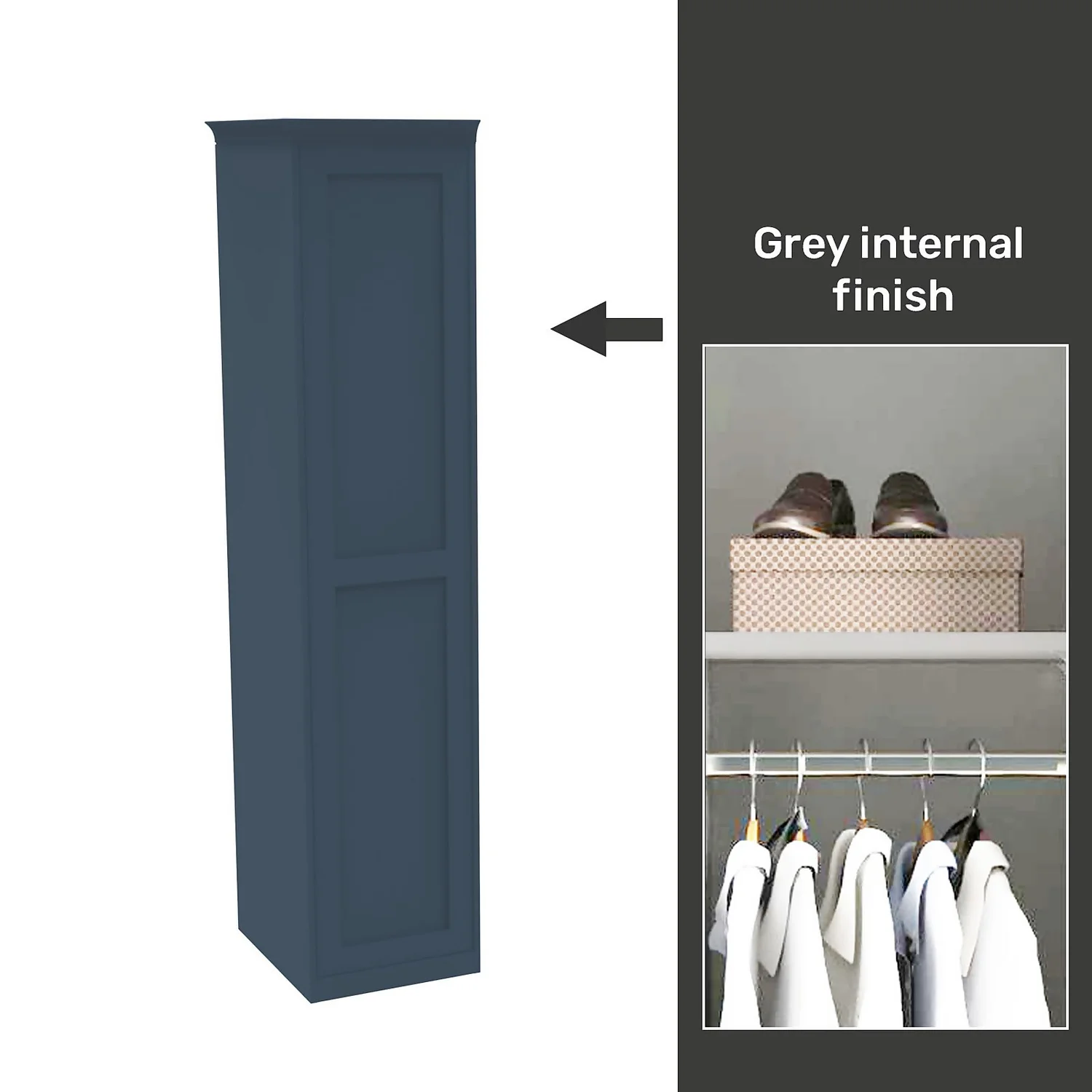 House Beautiful Realm Fitted Look Single Wardrobe, Grey Carcass - Navy Blue Shaker Door (W) 551mm X (H) 2256mm 1 House Beautiful Realm Fitted Look Single Wardrobe, Grey Carcass - Navy Blue Shaker Door (W) 551mm X (H) 2256mm