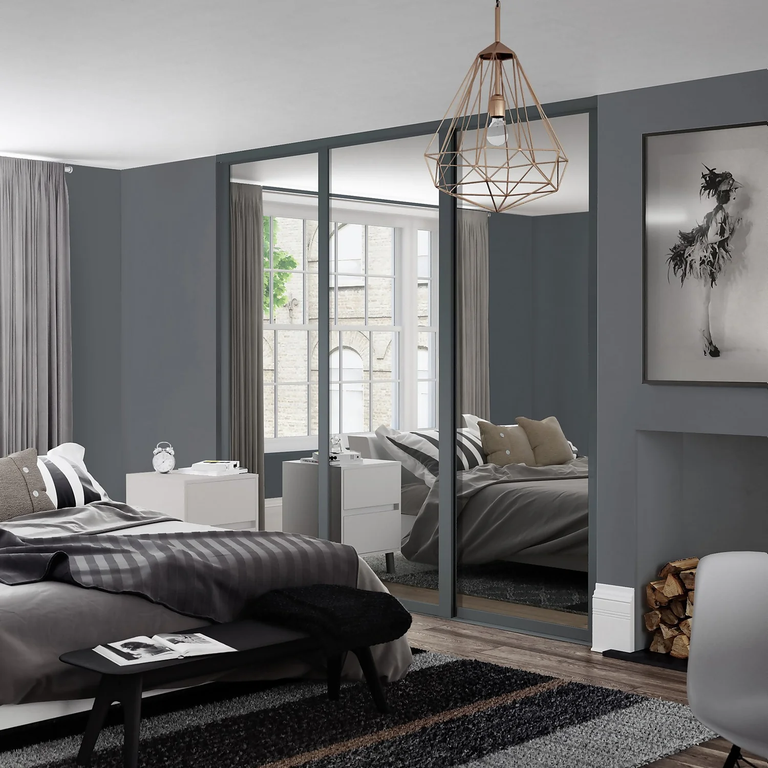 Shaker 3 Door Sliding Wardrobe Kit Mirror With Graphite Frame (W)1680 X (H)2260mm 2 Shaker 3 Door Sliding Wardrobe Kit Mirror With Graphite Frame (W)1680 X (H)2260mm - Image 2