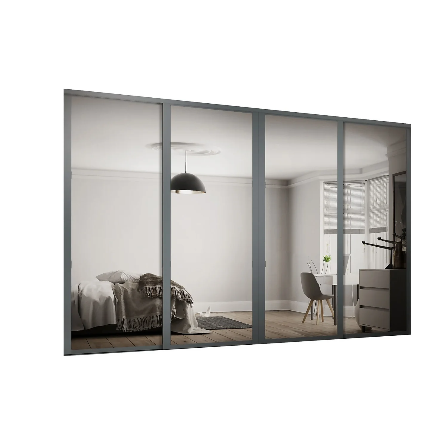 Shaker 4 Door Sliding Wardrobe Kit Mirror With Graphite Frame (W)2898 X (H)2260mm 1 Shaker 4 Door Sliding Wardrobe Kit Mirror With Graphite Frame (W)2898 X (H)2260mm